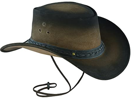 Leatherick Australian Cowboy Unisex Western-Stil zweifarbig Schwarz Braun Outback Echtes australisches Leder Buschhut (as3, Alpha, l, L)