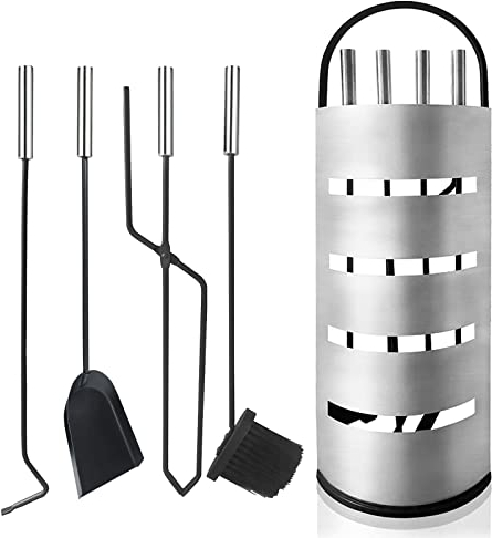 TRMLBE Set di 5 Attrezzi per Camino Moderno Accessori per Camino in Acciaio Inossidabile con Supporto, Pala per Cenere, Scopa, Attizzatoio, Pinze - Argento