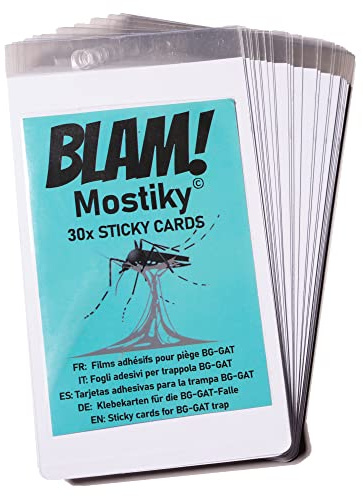 BLAM Mostiky: 30 självhäftande filmer Kompatibla Biogents BG-Gat bofälla. Paket med 30 klibbiga kort (häftande kort) för att fånga tigermyggor innan äggläggning. 30x Glu-kort