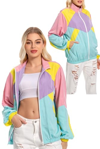 MASSWO Women's 80s 90s Windbreaker Long Sleeve Neon Jacket Retro Outfit