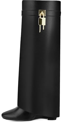 HYYH CFPL Fold Over Knee High Boots for Women Pointy Pull-on Wedge Heel Knee Shark Boot With Side Zipper Covered Wedge Heel Padlock Boot, Schwarz, 40.5 EU