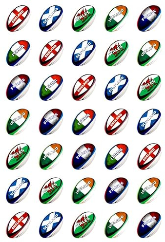 35 x 6 Nations Rugby Ball Mix Edible Wafer or Icing Cupcake Toppers Fun Sports Party Cake Decorations Perfect For Brownies Cookies Muffins & More! (Edible Wafer Card)