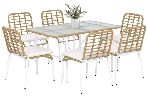 Outsunny Conjunto de Jardín de Ratán Sintético Juego de Muebles de Jardín para Exterior de Ratán de 7 Piezas Incluye 6 Sillas Apilables con Cojines y Mesa de Vidrio Natural
