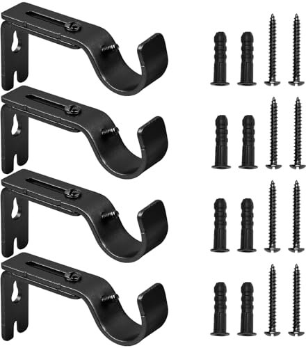 Mooshy 4PCS Thickened Metal Curtain Brackets - Adjustable Curtain Pole Holder Won't Rust (Black)