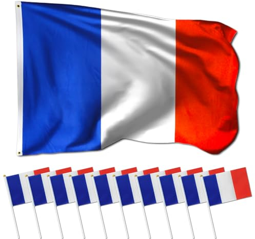 Brelet Drapeau Français 90 x 150 cm + 10 Petits Drapeaux 14 x 21 cm, Kit Supporter France pour Jeux, Fêtes, Défilés, Matchs de Football et Décorations de Jardin