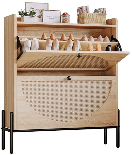 IRONCK Shoe Cabinet Storage with 2 Flip Drawers, Free Standing Wooden Shoe Storage Organizer Cabinet with Rattan Doors for Entryway, Narrow Shoe Rack Cabinet, Oak