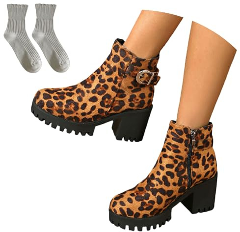 LDXEQIZ Stivali Corti da Donna con Tacco Largo Stivaletti in Camoscio Vintage Booties Leopardati con Fibbia Tacchi Alti Eleganti Autunno Inverno(Leopard,41 EU)
