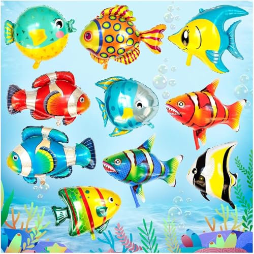 Fish Balloons for Kids Party, 10PCS Large Ocean Animal Tropical Fish Foil Balloon for Birthday Ocean Themed Decoration