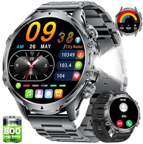 LIGE Smartwatch Herren 800 mAh Akku,1.85'' HD Großes Display/LED Taschenlampe Sportuhr Herren mit Telefonfunktion,110+ Sportmodi Fitnessuhr mit IP68 wasserdicht für Android iOS