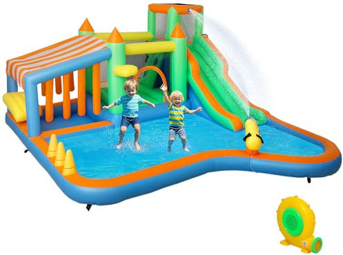 Château gonflable AIYAPLAY avec soufflerie, toboggan aquatique, pataugeoire, fosse à balles, mur d'escalade, anneau de lancer, saut, panier de basket, canon à eau, château gonflable pour 3-8 ans, 416