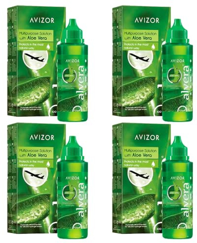 ALVERA 4x100ml - Solución con Aloe Vera para Limpieza y Desinfección de Lentillas - Protección Natural - Confort Duradero - Apto para Todo Tipo de Lentes de Contacto Blandas - Formato Viaje