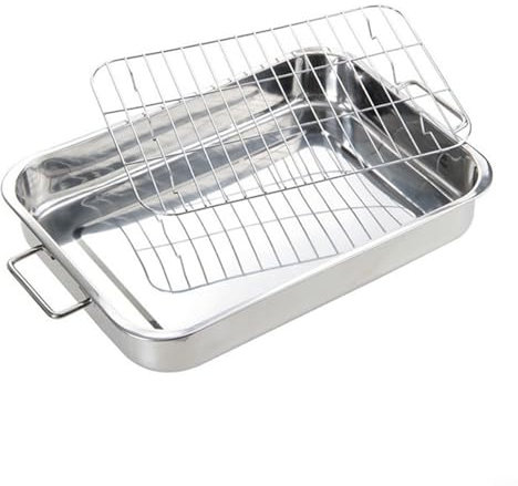 Sartén de acero inoxidable de gran capacidad con parrilla para hornear y servir platos grandes (33 x 23 x 5 cm)