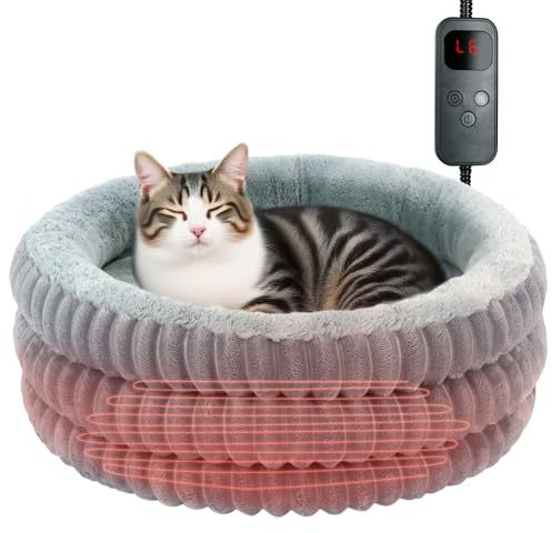 Heated Cat Bed, Round Donut Washable Deep Sleep Calming Heated Pet Beds for Indoor Cats and Small Dogs, Comfort Electric Thermal Cat Warming Bed with Adjustable Heating Pad, 50.8 x 50.8 x 19cm