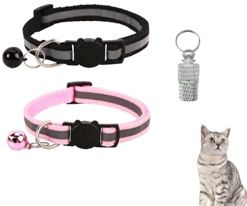 BEPSYOM Lot de 2 colliers pour chat, anti-étranglement, réglables, avec 2 médailles d'identification, pour chatons ou petits chiens (Rose et Noir)
