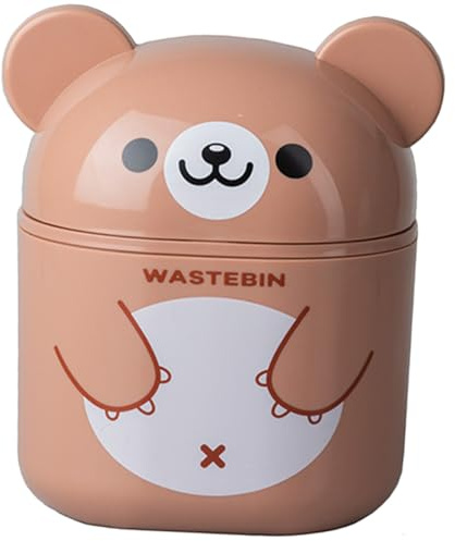 DECOMELODY Cestino Spazzatura Piccolo in Plastica Marrone con Coperchio Grande Capacità per Scrivania Desktop e Camera da Letto Forma Cartone Animato