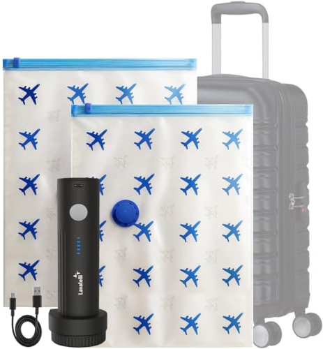 Lavatelli Vac-U Reseset – Trådlös USB-C Vakuumpump + 2 Vakuumpåsar 40x60 cm – Platsbesparande Packningsset för Resväska, Garderob & Säsongskläder – Passar 55x40x20 cm Kabinväska