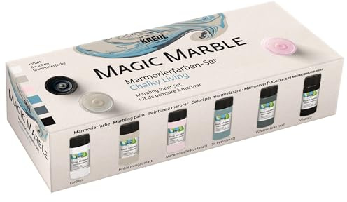 KREUL 73613 - Magic Marble Marmorierfarbe, Chalky Living Set, 6 x 20 ml Farbe in braun, rosa, petrol, grau, farblos und schwarz, zum Tauchmarmorieren von Holz, Glas, Kunststoff, Papier und Styropor