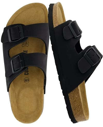CUSHIONAIRE Lane Cork Footbed Sandals for Women – Comfortable Double Buckle Slip-On with Genuine Suede Footbed & Arch Support Slides for Women Footwear, BLACK 9