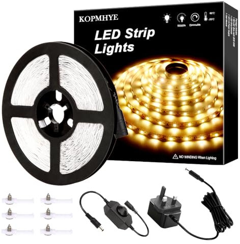 MH 5M Dimmable LED Strip Lights Kits, 12V Tape Light, 300 2835 LED, 16.4ft 3000K Warm White Ribbon with Power Adapter, Light Strips for Under Bed, Vanity Mirror, Cabinet, Kitchen, Non-Waterproof