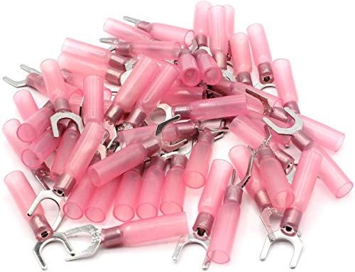 10 capicorda a forcella in rosso, 0,5 – 1,5 mm2, diametro foro M8 AWG 22 – 16 con guaina termoretraibile e colla interna, terminale di collegamento, capicorda cavo connettore in rame stagnato.