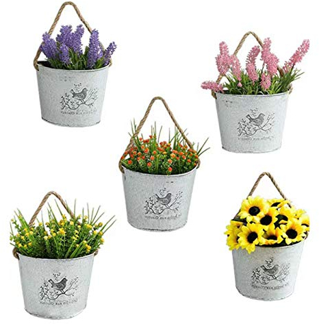 POHOVE 5 Pcs Metal Hanging Planter Basket, Outdoor Vintage Iron Flower Bucket Garden Hanging Flower Pot Bucket Rustic French Country Style Flower Holder, Fits Home, Garden, Patio, Deck