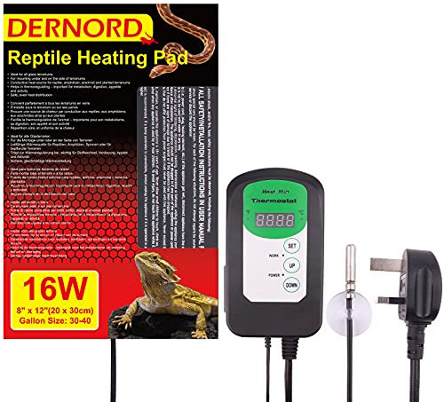 DERNORD Heat Mat with Thermostat - 16W Reptile Heat Pad with Thermostat Control Combo Set for Snake Bearded Dragon Lizard Crested Gecko Vivarium Heater