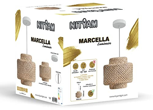 NITYAM Natürliche braune Bambusleuchte, 150 cm Kabel, Deckenleuchte für Wohnzimmer, Schlafzimmer, Küche, MARCELLA-Leuchte, Leuchte, ohne Glühbirne