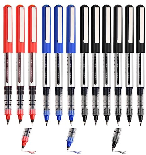 Vesaneae 12pcs Bolígrafos de Secado Rápido de Tinta,Bolígrafo de tinta de gel de 0,5 mm,Bolígrafo Roller Tinta Líquida,para escuela,oficina,estudiante,examen de escritura(Negro Azul Rojo)