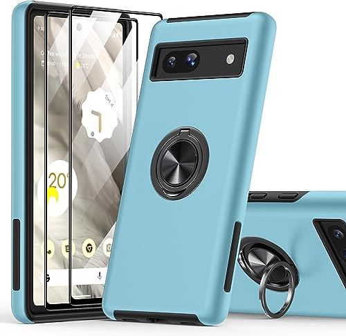 KOVASIA Google Pixel 7A Case with 2-Pack Tempered Glass Screen Protector, 360° Rotating Metal Ring Stand Anti-Scratch Shockproof Phone Cover 3 in 1 Phone Case for Google Pixel 7A 5G 6.1, Light Blue