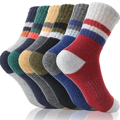 EBMORE Kids Merino Wool Hiking Socks Boys Toddlers Girls Winter Thermal Thick Warm Boot Cushion Ski Snow Gift Socks Stocking Stuffers 6 Pairs(Stripes,8-12 Years)
