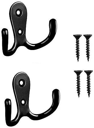 Yesmin 2 Pcs Double Prong Robe Hooks, Dual Coat Hooks Wall Mounted Hanging Clothes for Bathroom Bedroom Door Wall Retro Metal Cloth Hanger Double Coat Hooks with 4 Screws (Black)