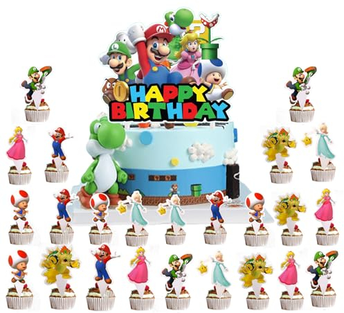 Decoration Gateau Mario, 25PCS Deco Cake Topper Mario, Topper Gateau, Cupcake Decoration Anniversaire, Deco Anniversaire, pour Enfant Fête