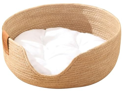 FRCOLOR Woven Cat Bed Summer Pet Nest with Breathable Rattan Basket and Cushioned Mat Comfortable Indoor Sleeping Bed for Cats and Small Dogs