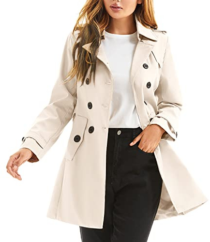 poonyfesh Gabardina para mujer, doble botonadura, clásica, con solapa, con cinturón, abrigo delgado, Beige, Small
