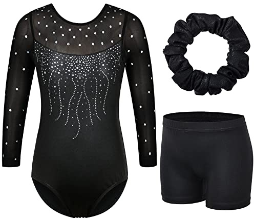 ZNYUNE Mädchen Gymnastikanzug 3er Set Kinder Glänzende Turnanzug mit Strasssteine B272 Black 14A