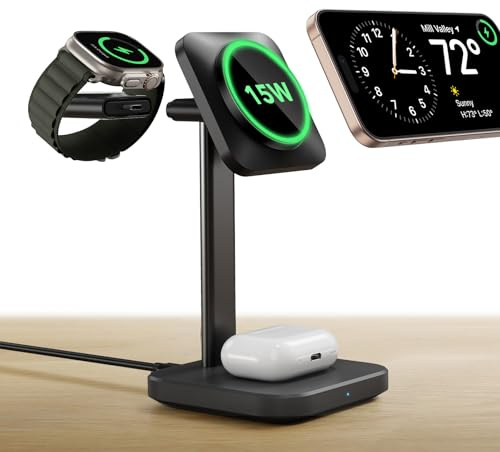 ESR for 3 in 1 Wireless Charging Station, Certified Apple Watch Charger, 15W MagSafe Charger Stand for iPhone, Wireless Charger for Multiple Devices iPhone 17/16/15/14/13, Watch, AirPods, Black