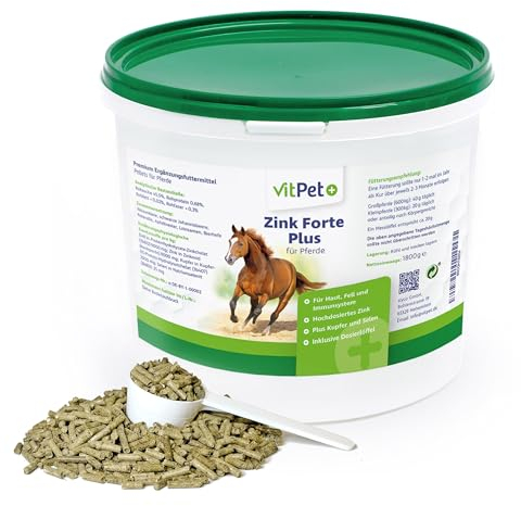 VitPet+ Zink Forte Plus - Premium Zink Pellets für Pferde - 1,8 kg - Hochdosiertes Zink Pferd - Plus Kupfer und Selen - Für Haut, Fell und Immunsystem - Inkl. Dosierlöffel
