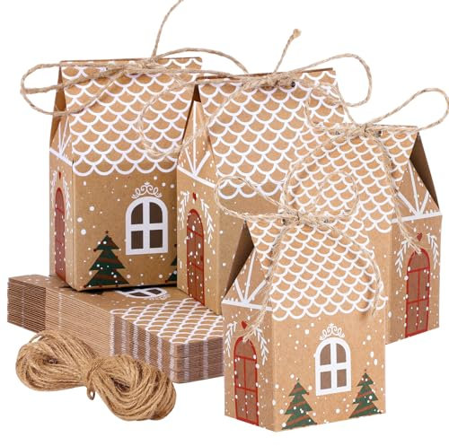 24 Stück Geschenkbox Weihnachten, Adventskalender Häuschen Kraftpapier Schachtel Geschenkverpackung Weihnachten mit Hanfseil Geschenkschachtel für Süßigkeiten Schokolade (14x9x6,5 cm)