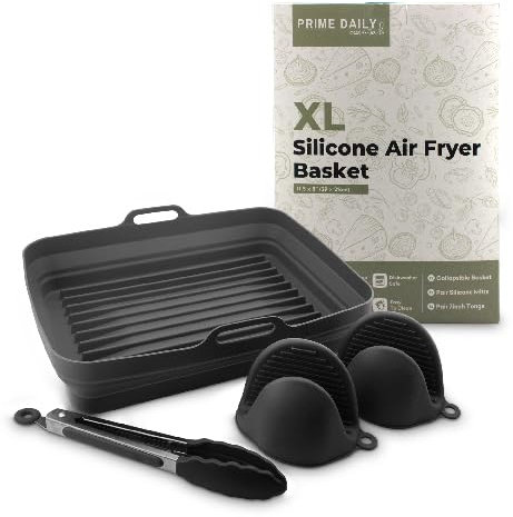 Prime Daily Essentials Silicone Air Fryer Toaster Oven Tray Liner – Extra-Large Capacity, Microwave Safe, Easy Cleanup - Includes Mitts & Tongs