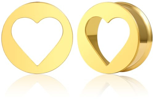 Ecarteur Oreilles Tunnel d'Oreille Acier Inoxydable Coeur Double Évasé Tunnels de Chair Extenseur Piercing Bijoux pour Femmes Hommes 8mm-19mm (Or, 8mm)