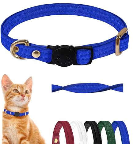 Collar Gato Cierre Seguridad - Piel Auténtica - con Hebilla y Anillo en D de Metal - Liberación Rápida - Resistente, Ajustable y Antirestrangulamiento - para Animales Pequeños (Azul, 19-28 cm)