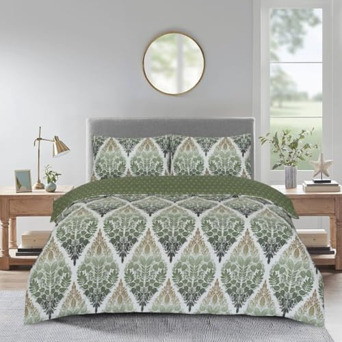 PRIME LINENS Duvet Cover Set 4 Pcs Brushed Microfibre Quilt Cover Bedding Set With Pillow Cases and Extra Fitted Sheet Included (Leaf Green, King)