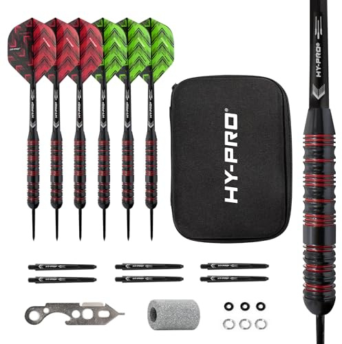 Hy-Pro Darts Set with Case - 22g Steel Tip Darts, 6x Aluminium Shafts, 6x Plastic Shafts, 12 Flights in Red and Green, 6x O'Rings, 6x Spring Rings, Sharpener, Dart Board Accessories Kit