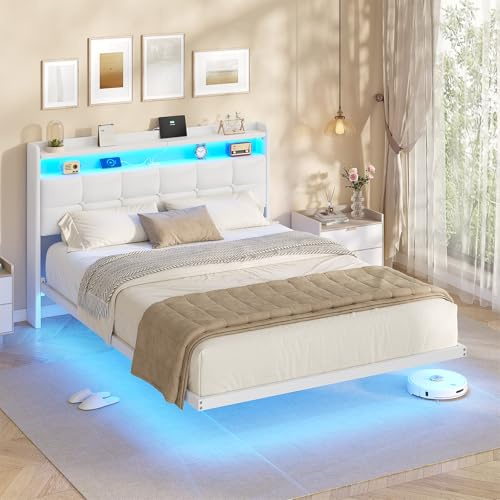 AOGLLATI Lit Flottant,140×190 CM, Cadre de Lit avec Éclairage LED, Multiprise, Tête de lit avec Rangement, Structure Stable, Pas Besoin de Sommier, PU, Blanc