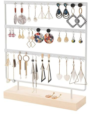 SIXHAOBU 60 Trous Organisateur de Boucle d'oreille, 3 Couches Presentoir a Boucle D'oreille avec Base en Bois, Porte Boucles D'oreilles Présentoir pour Bijouterie, Maison – Montage Facile