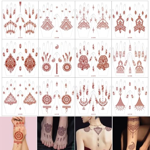 XMASIR 12 Pair Temporary Tattoo Stickers, Waterproof Fake Tattoos Hands Brown Body Art Stickers for Women Girls Party Decor