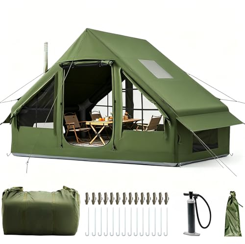 Afitdon Tenda gonfiabile da campeggio con apertura per camino e finestra sul tetto, tenda gonfiabile per 2-10 persone con pompa ad aria, tenda gonfiabile in tessuto Oxford impermeabile per tutte le