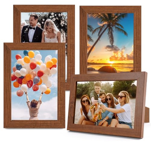 Lot de 4 Cadres Photo 10x15 cm en Bois MDF, Cadre Photo Bois avec Façade en Verre Acrylique, Respectueux de L'environnement, Vintage Petits Cadres Photos pour Montage Mural ou Affichage Sur Table