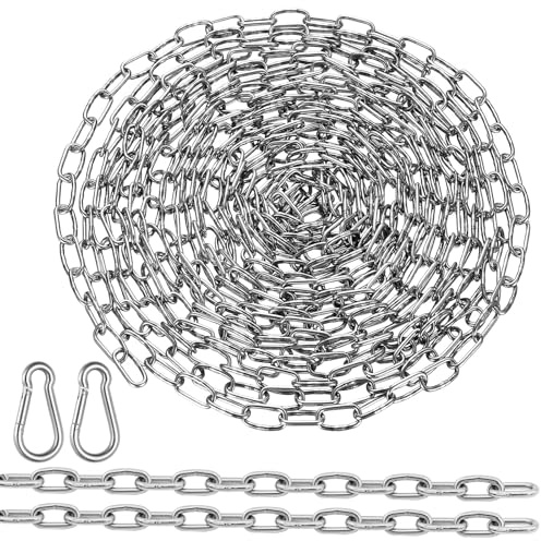 TAIHOBO Cadena de acero inoxidable 304 de 5 m: 2 mm de diámetro con 2 mosquetones, cadena de acero inoxidable para colgar lámparas, comederos de pájaros, macetas, cadena de eslabones para tendedero