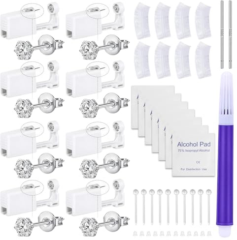 37 Pcs Ear Piercing Kit, Professional Piercing Gun System for Home Use, Complete Nose Piercings Equipment Set, Silver Crown Zirconia Studs with Sterile Accessories, for Women and Men, At Home Self